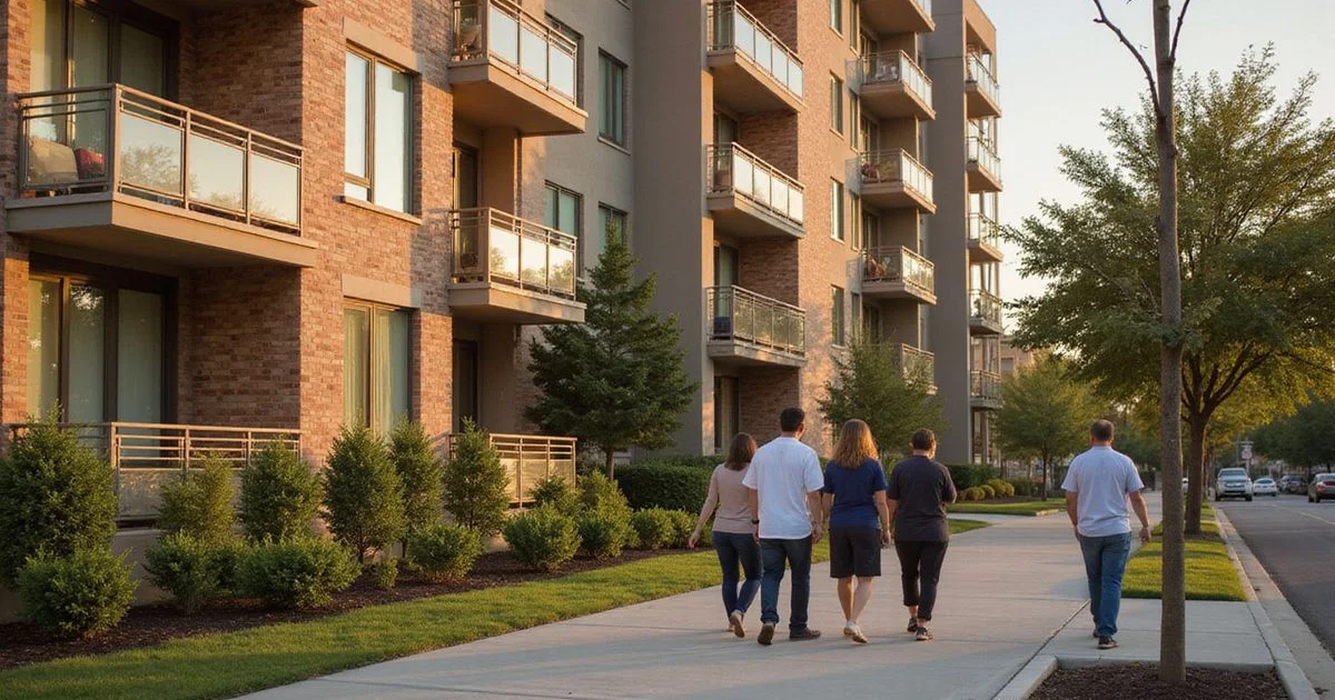 Mid-rise Austin apartment building with residents walking by