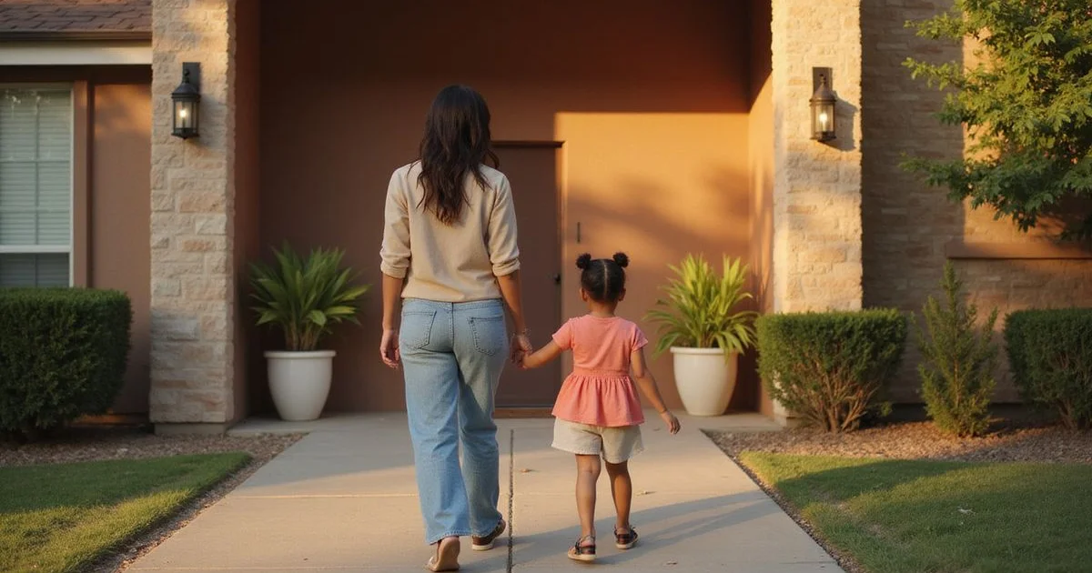 Mother and child outside a Texas apartment building entrance