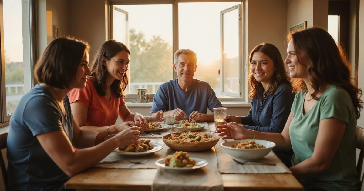 Multigenerational family sharing a meal in a bright apartment