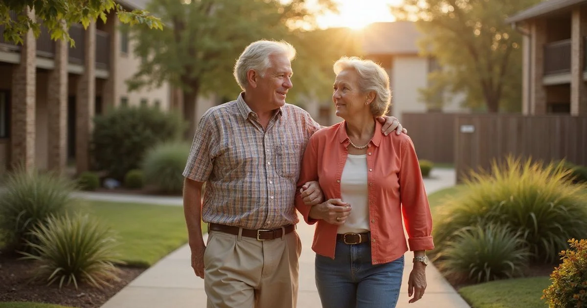 Older couple walking in a landscaped apartment courtyard