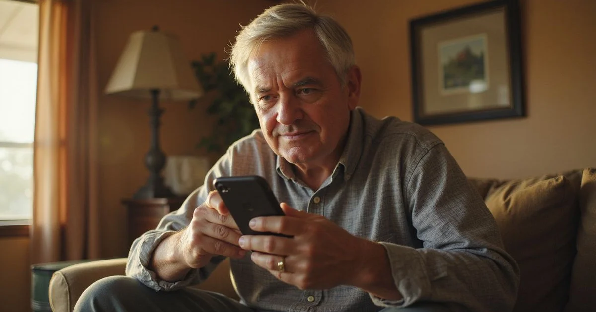 Older man carefully reading a message on his phone at home