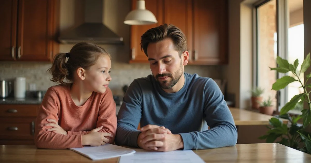 Parent and adult child reviewing a lease together at a kitchen table