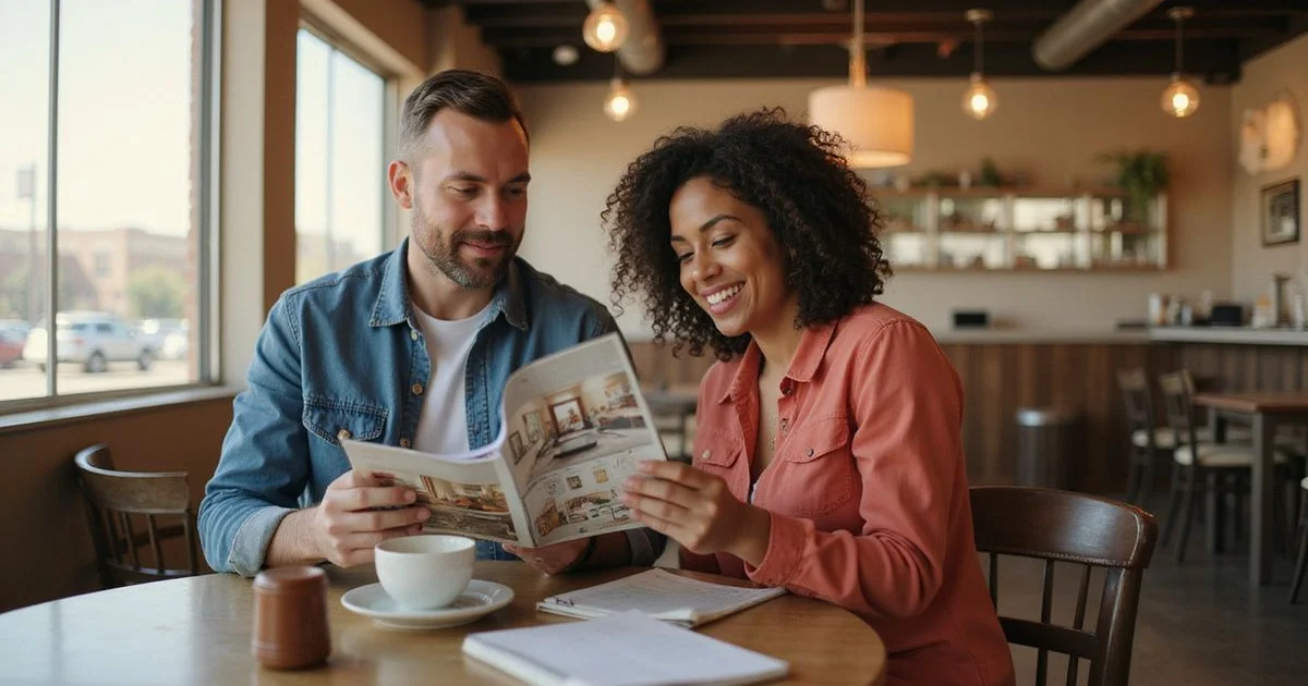 Renter comparing two apartment brochures at a sunny cafe table