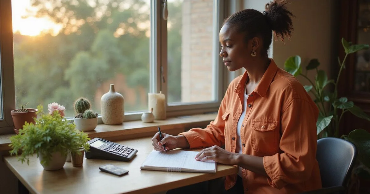Renter reviewing a monthly budget at a sunny window desk
