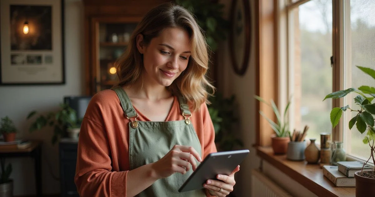 Self-employed hairstylist reviewing earnings on a tablet in a home studio