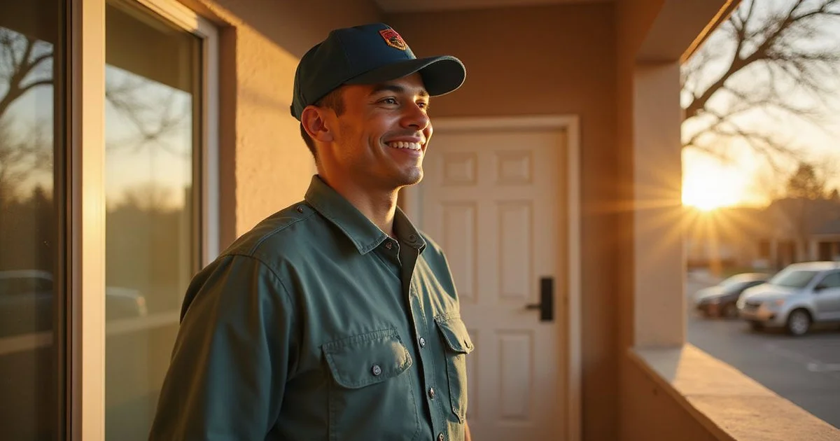 Young worker in uniform arriving home to a sunny apartment complex