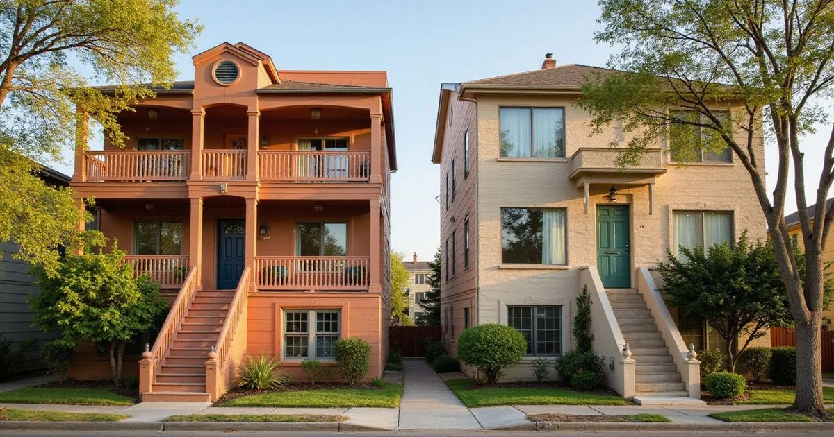 Two different apartment buildings side by side on a sunny Texas street