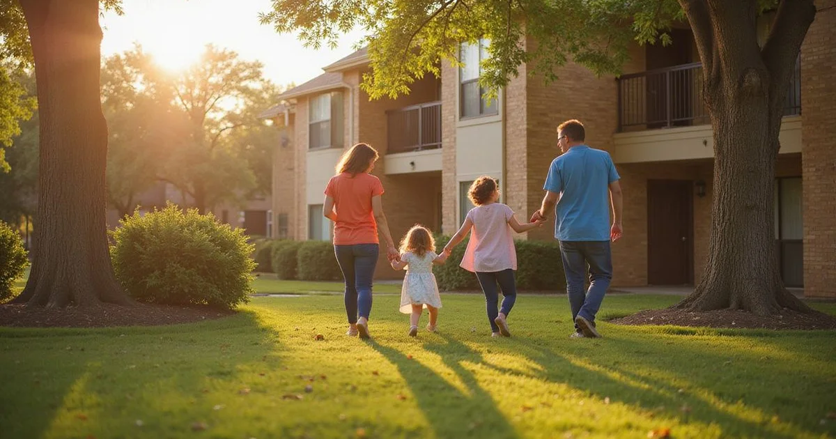 Families outside a well-maintained Texas garden-style apartment community