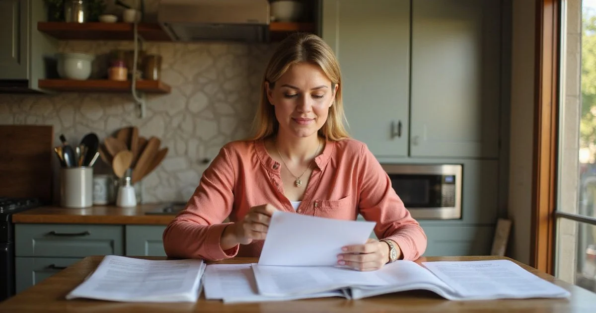 Woman organizing folders of documents on a kitchen table