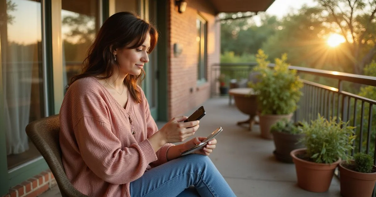 Woman reading her apartment list email on her phone on a sunny porch
