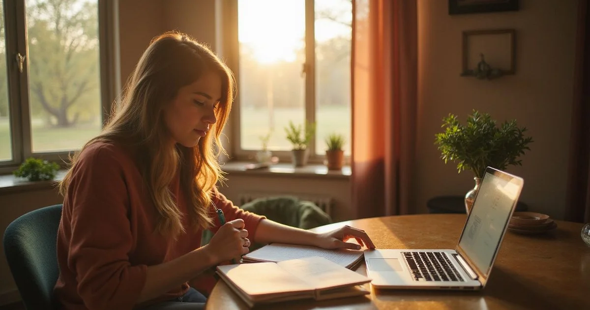 Young adult student studying at a desk in a bright apartment