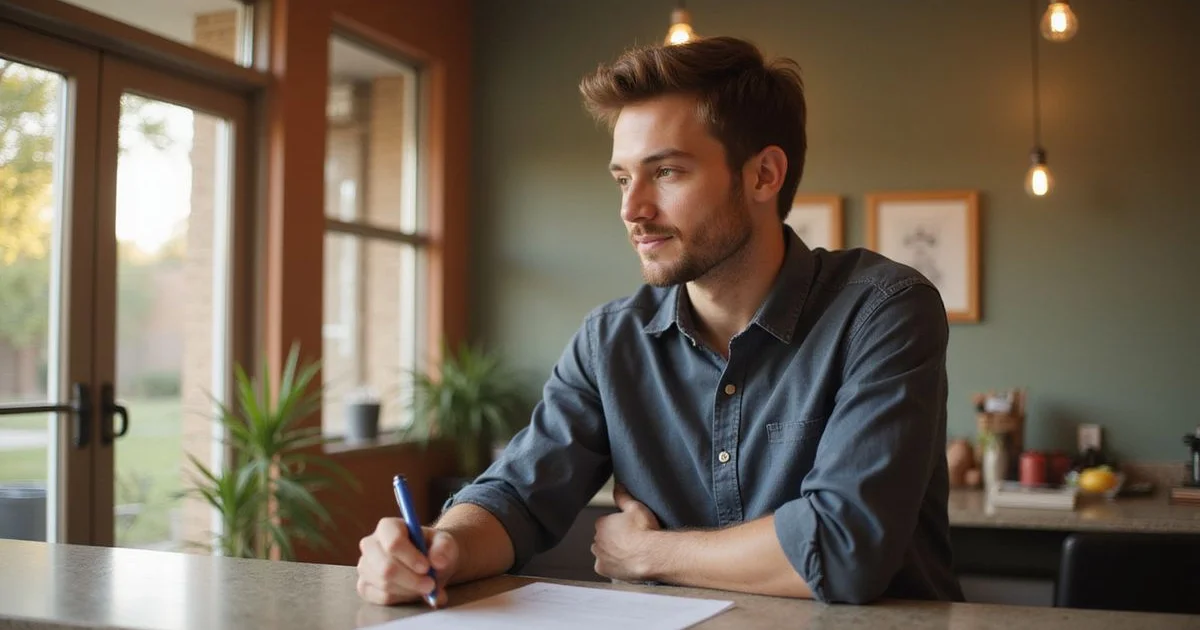 Young man asking questions at a leasing office counter