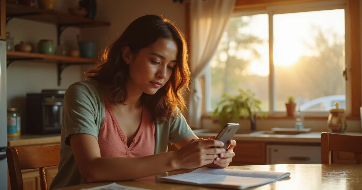 Young mother filling out an online apartment search form on her phone at a kitchen table