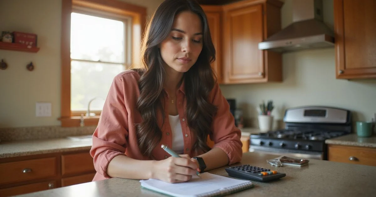 Young woman doing math on a notepad at a sunny kitchen counter