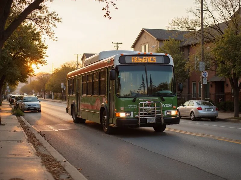 City bus stopping near mixed-income apartments in an Austin neighborhood