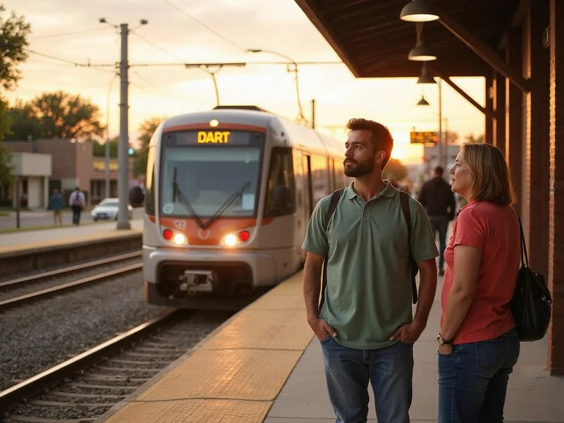 Light rail train arriving at a suburban Dallas station near apartment homes