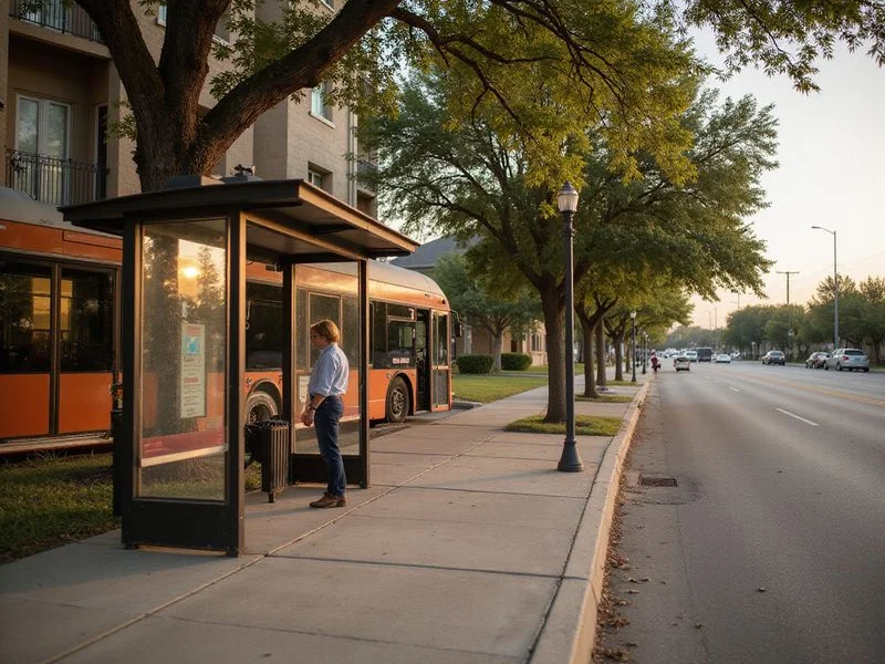 Bus stop near a tree-lined residential street with low-rise apartments in Houston