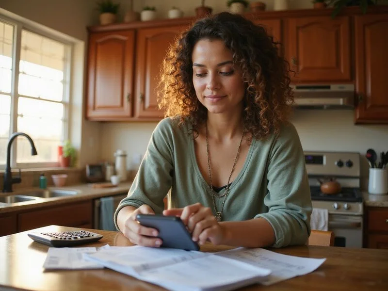 Renter checking rent numbers on a phone calculator beside utility bills