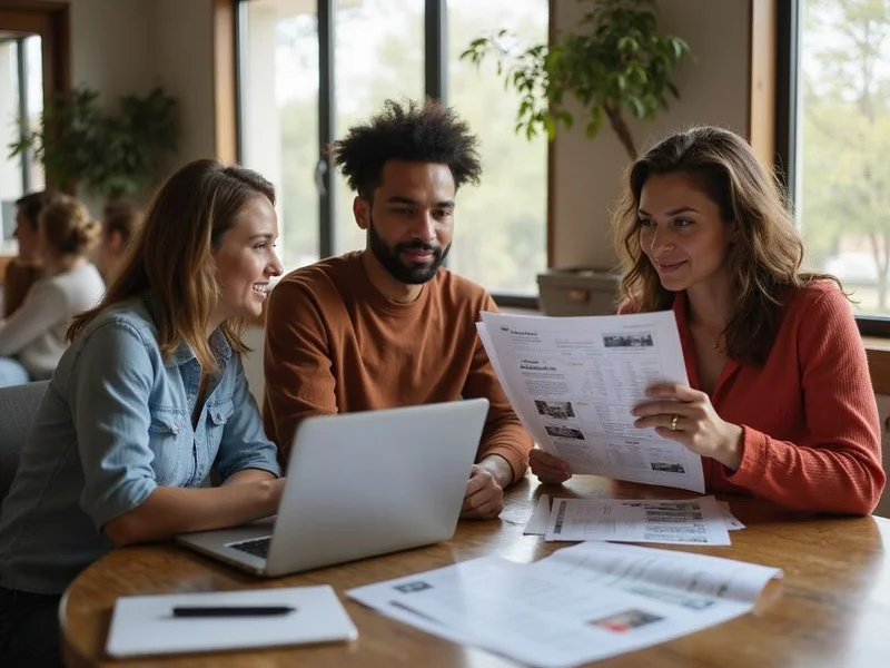 Apartment research team reviewing printed lists and a laptop at an Austin office table