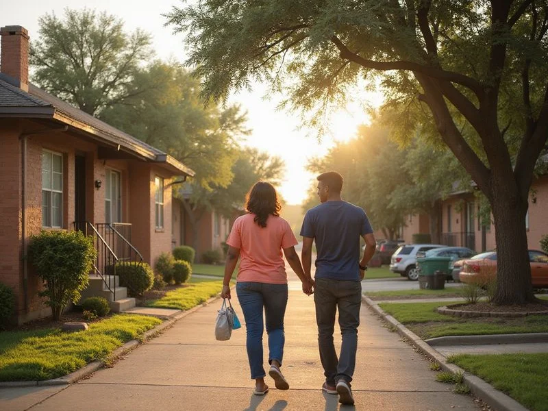 Neighborhood street with modest apartment buildings in Tarrant County