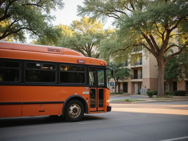 City bus on a northeast San Antonio street lined with apartments