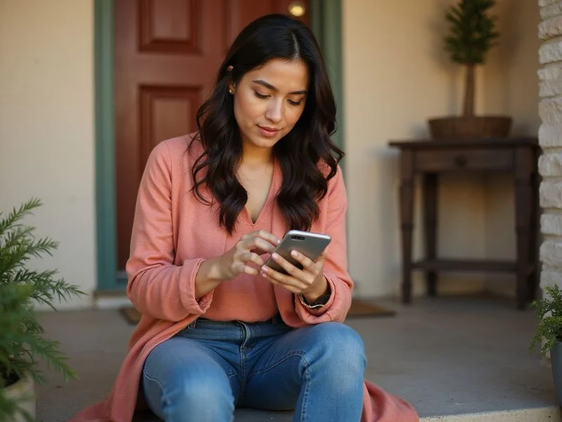 Woman reading her apartment list on her phone outside her apartment