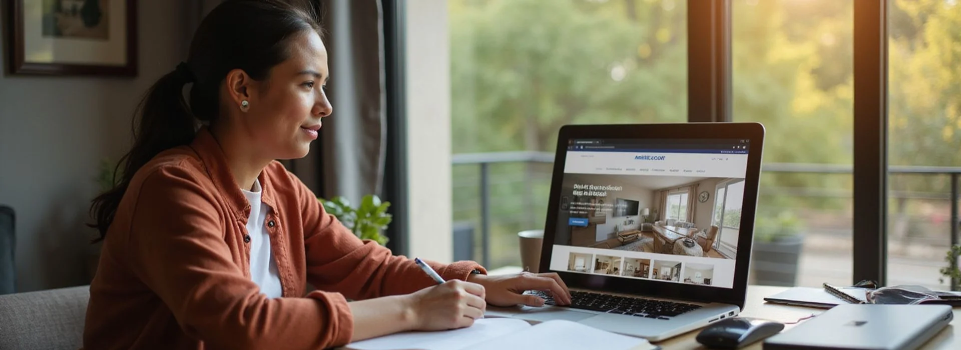 Apartment researcher comparing property websites on a laptop at a sunlit desk