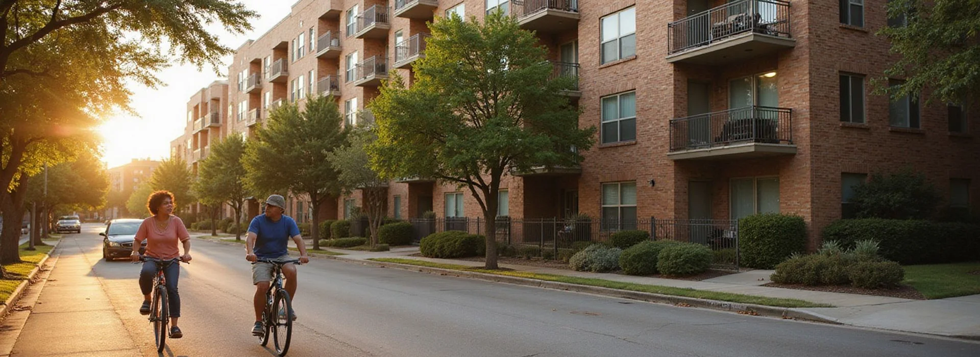 Mid-rise apartment building with balconies on a tree-lined Austin street