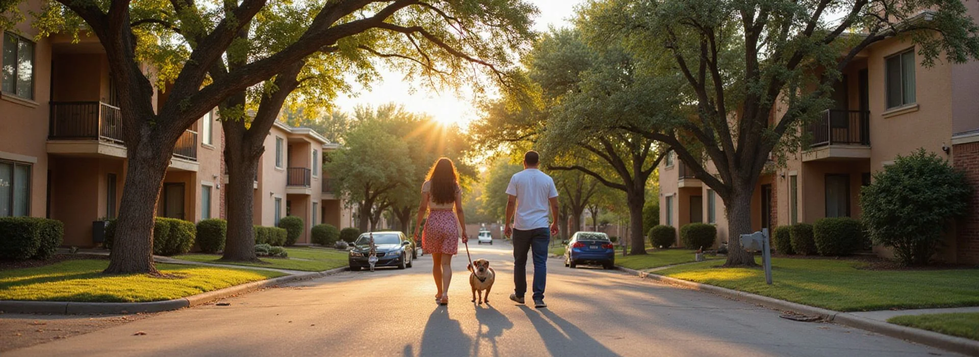 Austin neighborhood street with low-rise apartment buildings at golden hour
