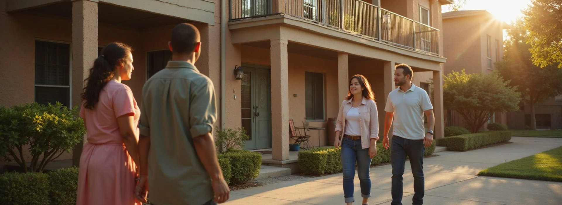 Neighbors greeting each other outside a mixed-income Texas apartment building