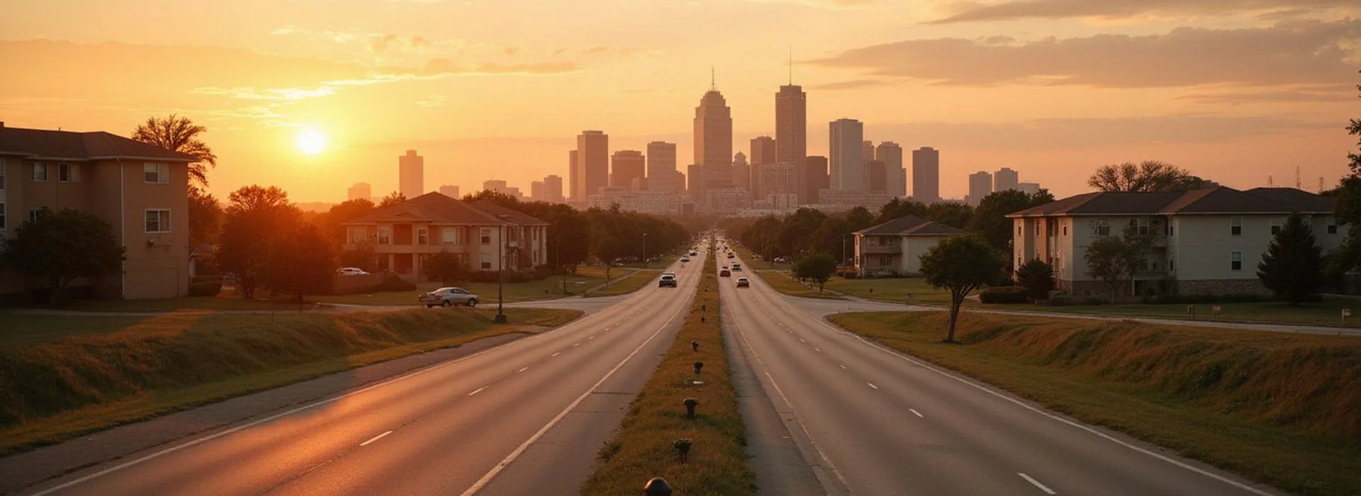 Highway leading toward a Texas city skyline with suburban apartment communities