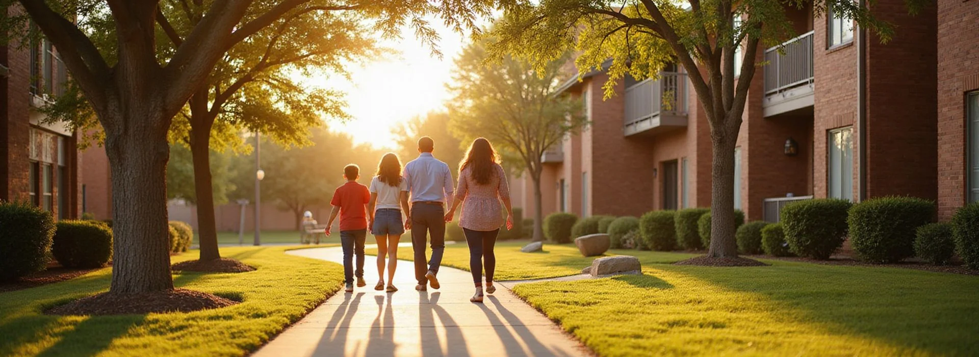 Families walking along a shaded sidewalk at a Texas tax credit apartment community
