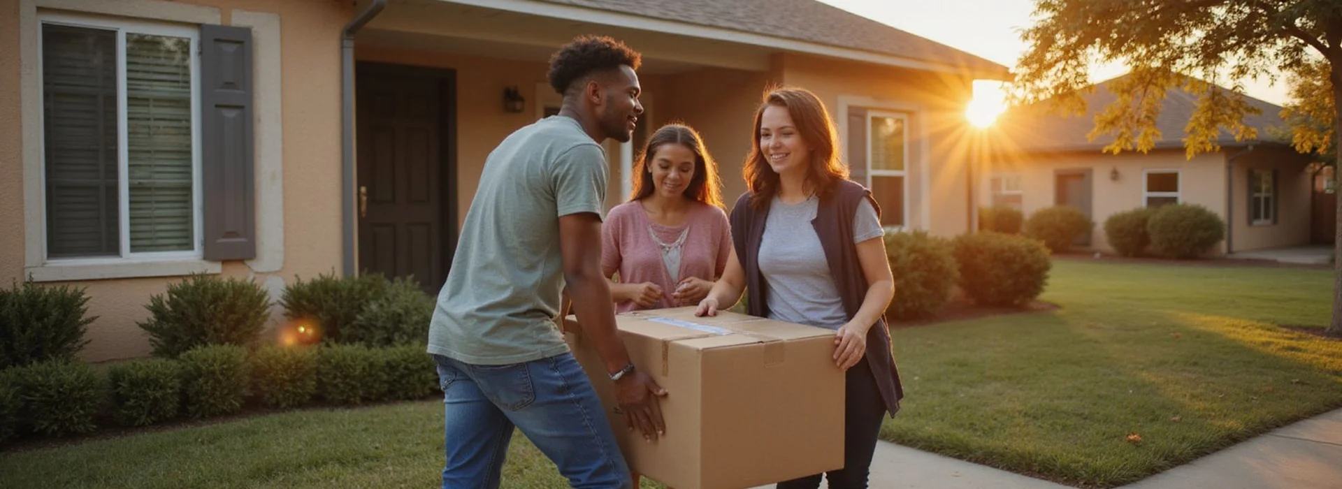 Young renter carrying a moving box toward a garden apartment building